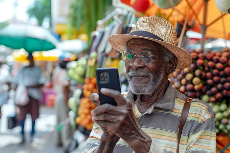 A trader using a mobile phone at a Kenyan market